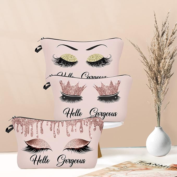 Hello Gorgeous Makeup Bag for Purse Eyelash Pink Cosmetic Bags for Women Inspirational Gift Small Funny Cosmetics Glitters Eyeshadows Travel Bag Cases for Toiletries Accessories Organizer