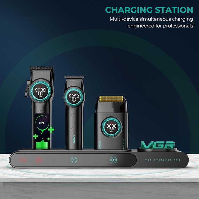VGR 3 in 1 Professional Barber Clippers Set of Hair Clipper Trimmer Foil Shaver, Cordless Haircut Kit with Upgraded Powerful Motor, Integrated Charging Station, LED Display, Storage Box, Black