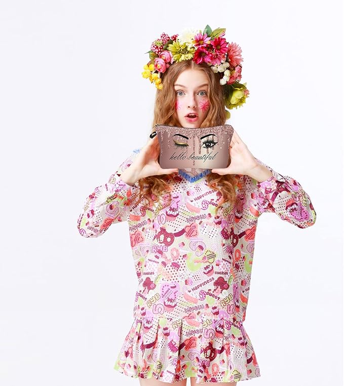 Hello Beautiful Makeup Bag for Purse Eyelash Pink Cosmetic Bags for Women Inspirational Gift Small Funny Cosmetics Glitters Eyeshadows Travel Bag Cases for Toiletries Accessories Organizer