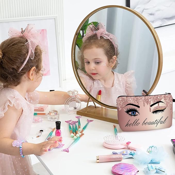 Hello Beautiful Makeup Bag for Purse Eyelash Pink Cosmetic Bags for Women Inspirational Gift Small Funny Cosmetics Glitters Eyeshadows Travel Bag Cases for Toiletries Accessories Organizer