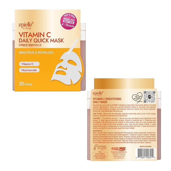 Epielle Vitamin C Korean Face Masks 20 Pack - Brightening Sheet Masks with Niacinamide for Dark Spots & Glowing Skin, Stocking Stuffers for Women