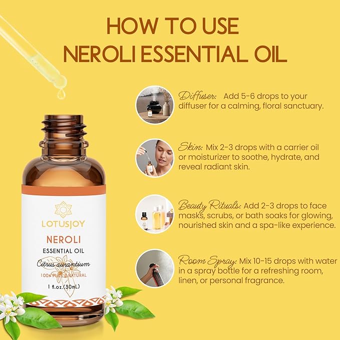 Neroli Essential Oil Organic for Skin Diffuser Room Spray, 100% Pure Bitter Orange Blossom Essential Oil Neroli 1 Oz