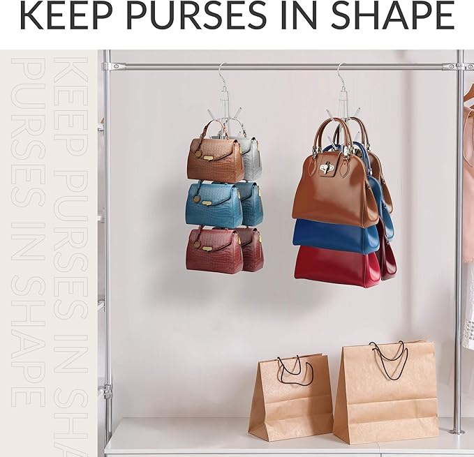 ZEDODIER Purse Hanger Organizer for Closet, Hanging Bag Holder, Keeping Purses Visible and in Good Condition, Metal Handbag Storage Hook Backpack Rack Space Saving Hanger, Silver