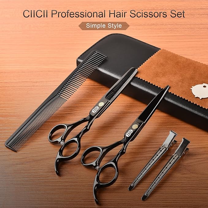 CIICII Hair Cutting Scissors Shears Kit, Professional Barber Haircut Scissors Set (6.7 Inch Hair Beard Hairdressing Trimming Haircutting Thinning Shears) for Men Women Hairdresser Home Salon (Black)