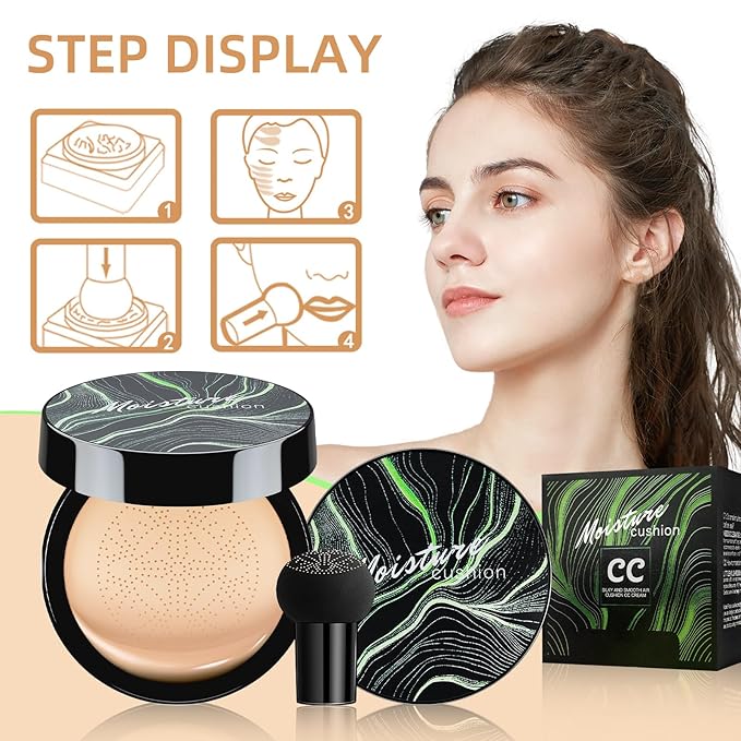 Mushroom Head Air Cushion CC Cream - BB Cream Foundation Makeup Moisturizing Concealer Long-Lasting, Cushion Foundation Full Coverage Self Adjusting for Mature Skin & All Skin Types (2 PCS Medium)