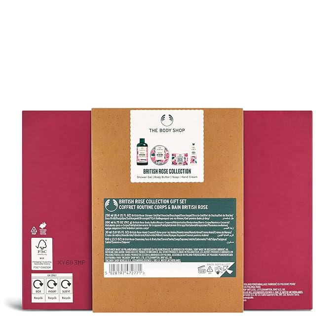 The Body Shop British Rose Collection Gift Set - 4 Piece Set, Shower Gel, Body Butter, Hand Cream, Face & Body Bar, Vegan