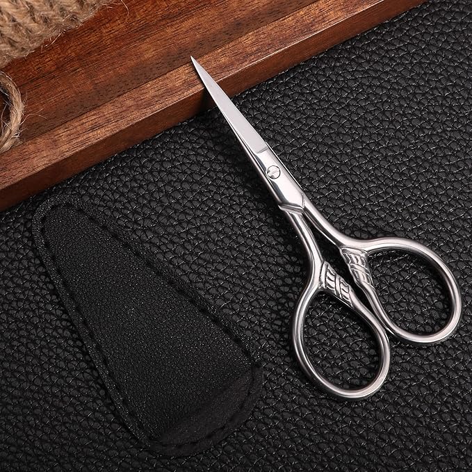 Small Precision Scissors, 3.5inch Stainless Steel Multi-Purpose Vintage Beauty Grooming Kit for Facial Hair, Eyebrow, Eyelash, Beard, Moustache with PU Sheath