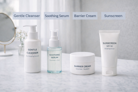 Minimal calming skincare essentials on a clean vanity—gentle cleanser, soothing serum, barrier cream, and sunscreen arranged neatly in soft natural light.