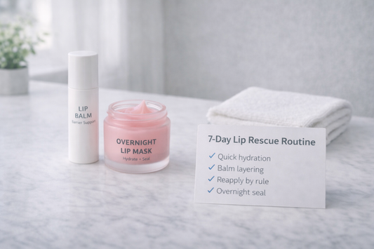 Minimal lip care essentials on a clean vanity—lip balm, overnight lip mask, a soft cloth, and a simple routine card arranged neatly in soft natural light.