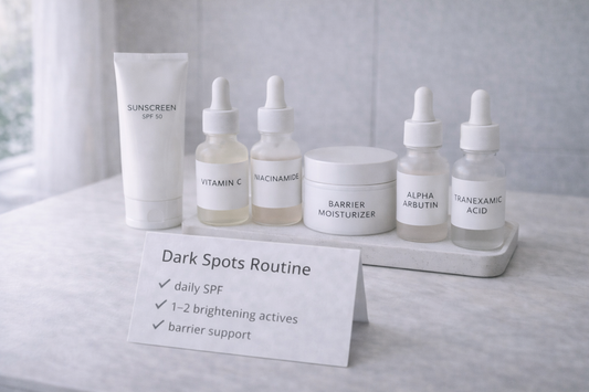 Minimal dark spot routine essentials on a clean vanity—SPF 50 sunscreen, vitamin C, niacinamide, alpha arbutin, tranexamic acid, and a barrier moisturizer in soft natural light.