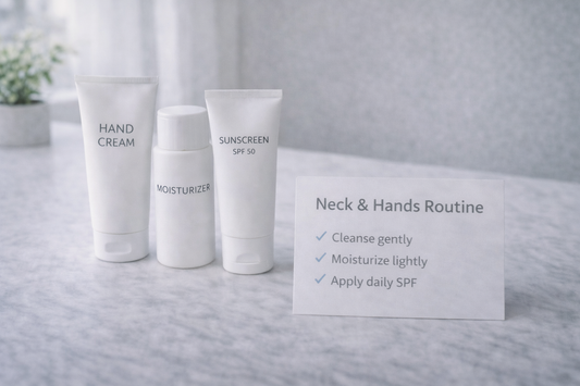 Minimal neck and hand skincare essentials on a clean vanity—hand cream, lightweight moisturizer, sunscreen, and a simple routine card arranged neatly in soft natural light.