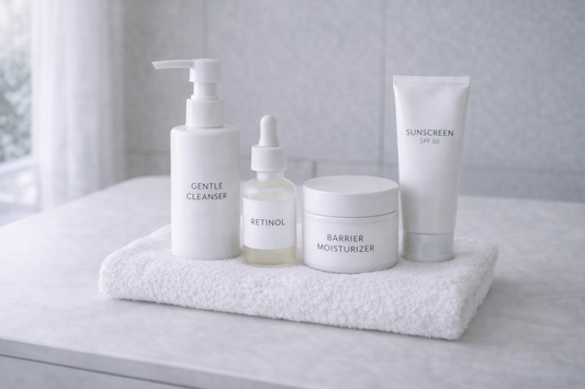Minimal retinol routine essentials on a clean vanity—gentle cleanser, retinol serum, barrier moisturizer, and sunscreen arranged neatly in soft natural light.