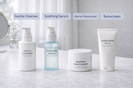 Minimal sensitive-skin skincare essentials on a clean vanity—gentle cleanser, soothing serum, barrier moisturizer, and sunscreen arranged neatly in soft natural light.