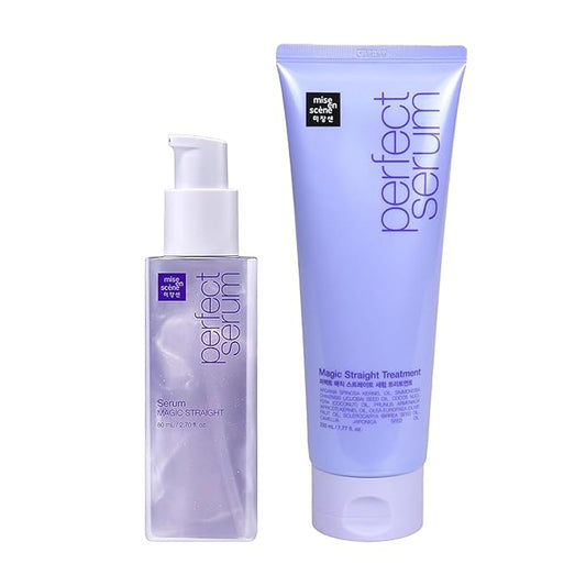 Mise En Scene Perfect Serum Magic Straight Set - Magic Straight Serum 2.71 Fl Oz with Treatment 7.77 Fl Oz -Hair Taming Oil for Frizzy | Heat Protectant |Straightening Fixing | Humidity Hair Products