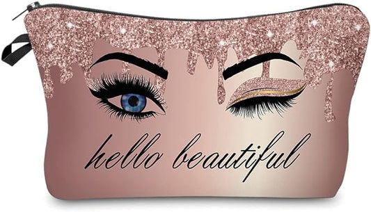 Hello Beautiful Makeup Bag for Purse Eyelash Pink Cosmetic Bags for Women Inspirational Gift Small Funny Cosmetics Glitters Eyeshadows Travel Bag Cases for Toiletries Accessories Organizer