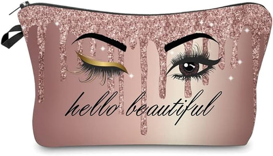 Hello Beautiful Makeup Bag for Purse Eyelash Pink Cosmetic Bags for Women Inspirational Gift Small Funny Cosmetics Glitters Eyeshadows Travel Bag Cases for Toiletries Accessories Organizer