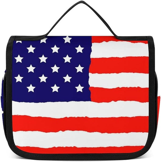 Travel Toiletry Bag, Portable Makeup Bag with Hanging Hook, Hanging Organizer for Women Men Shampoo, Conditioner, Brushes Set, Red Blue White American Flag