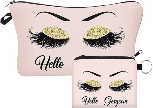 Hello Gorgeous Makeup Bag for Purse with Coin Purses 2PCS Set Eyelash Pink Cosmetic Bags for Women Small Funny Cosmetics Glitters Eyeshadows Travel Bag Cases
