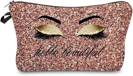 Hello Beautiful Makeup Bag for Purse Eyelash Pink Cosmetic Bags for Women Inspirational Gift Small Funny Cosmetics Glitters Eyeshadows Travel Bag Cases for Toiletries Accessories Organizer