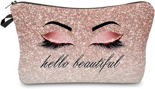 Hello Beautiful Makeup Bag for Purse Eyelash Pink Cosmetic Bags for Women Inspirational Gift Small Funny Cosmetics Glitters Eyeshadows Travel Bag Cases for Toiletries Accessories Organizer