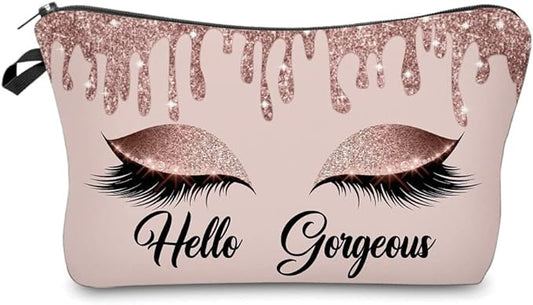 Hello Gorgeous Makeup Bag for Purse Eyelash Pink Cosmetic Bags for Women Inspirational Gift Small Funny Cosmetics Glitters Eyeshadows Travel Bag Cases for Toiletries Accessories Organizer