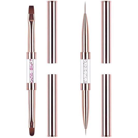 2Pcs Dual-ended UV Gel Nail Brush Set Rhinestone Handle Nail Art Design Brushes Professional Nail Tools Rose Gold
