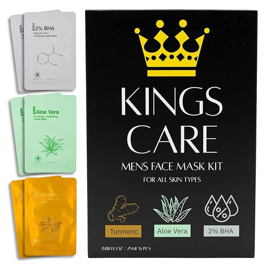 Mens Face Mask Skin Care Kit (6 Pack) - Turmeric Anti-Acne, Aloe Vera Soothing & 2% BHA Salicylic Acid Sheet Mask - Skin Care for Men Face Masks for Hydrating, Brightening & Refining Pores