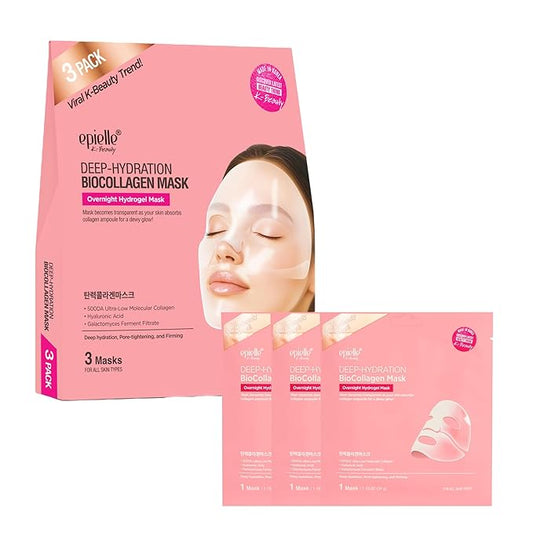 Epielle Deep Hydration BioCollagen Mask 3 Count, Overnight Hydrogel Facial Mask with 500DA Ultra-Low Molecular Collagen, Hyaluronic Acid & Galactomyces Ferment Filtrate, Korean Skin Care