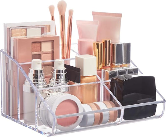 STORi Clear Plastic Vanity Makeup Organizer | 6-Compartment Holder for Brushes, Eyeshadow Palettes, & Beauty Supplies | Curved Front Design | Made in USA