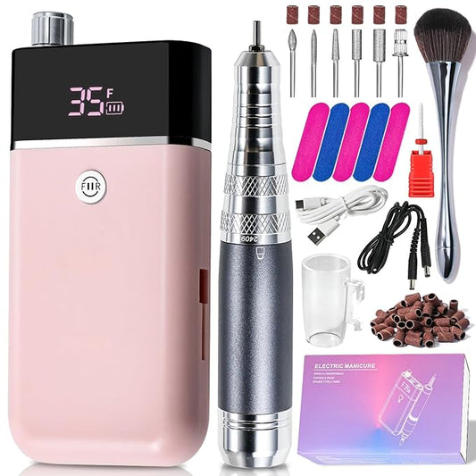 Professional Electric Nail Drill Kit Pink Portable Rechargeable Cordless Nail File Machine 35000 RPM with 7PCS Bits for Acrylic Gel Powder Nails Polish Pedicure Toenail Tool Salon Set