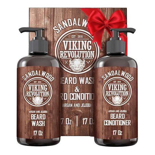 Viking Revolution Beard Wash & Beard Conditioner Set with Argan & Jojoba Oils - Softens and Strengthens - Natural Sandalwood Scent - Beard Shampoo with Beard Oil (17 oz)