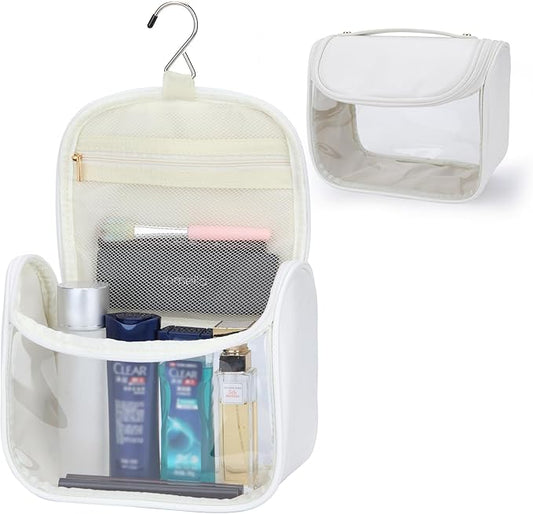 YFG Travel Toiletry Bag for Women & Men, Transparent Cosmetic Organizer with Hook, Portable, Organizer, for Travel-Sized Shampoo, makeup Accessories, Brushes Set, Conditioner, Medium Size White