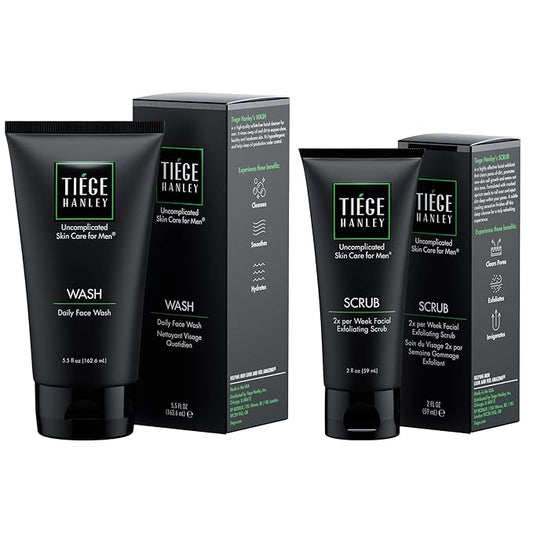 Tiege Hanley Face Wash & Exfoliating Scrub Bundle for Men, Gentle Fragrance-Free Cleanser & Cooling Face Exfoliant, Deep Cleansing & Hydrating, Gentle on Sensitive Skin, Men’s Skin Care, 2 Piece Set