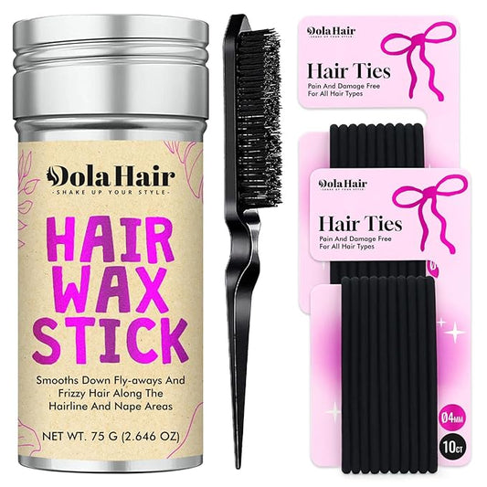 Dolahair Hair Wax Stick - Flyaway Control and Styling Pomade for Kids, Women, and Men - Accessorie Slick Back Hair Brush Kit Hair Bun Maker 20 Pcs Hair Ties (Pack of 3)