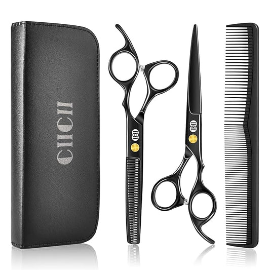 CIICII Hair Cutting Scissors Shears Kit, Professional Barber Haircut Scissors Set (6.7 Inch Hair Beard Hairdressing Trimming Haircutting Thinning Shears) for Men Women Hairdresser Home Salon (Black)