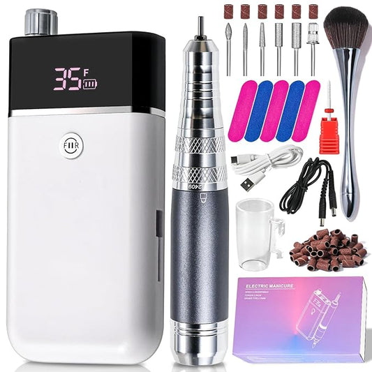 Professional Electric Nail Drill Kit White Portable Rechargeable Cordless Nail File Machine 35000 RPM with 7PCS Bits for Acrylic Gel Powder Nails Polish Pedicure Toenail Tool Salon Set
