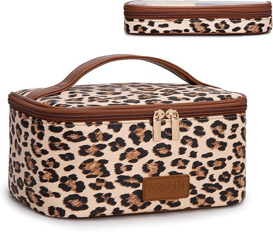 Montana West X Wrangler Travel Makeup Bag 2pcs Set Large Cosmetic Bag with Makeup Brush Holder Portable Make Up Organizer Cute Toiletry Bag with Divider and Handle for Women Leopard
