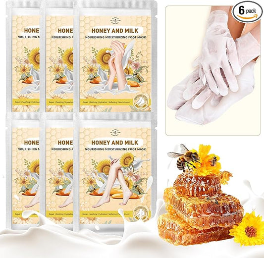 Hydrating Hand and Foot Mask, 3 Foot & 3 Hand Mask, Hand and Foot Care After Pedicure, Moisturizing Socks for Dry, Cracked Heel, Foot Spa, Honey & Milk, Vitamin E
