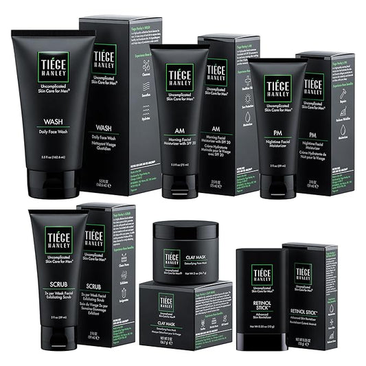 Tiege Hanley 90 Day Large Skin Care Set for Men, Anti Aging Routine, System Level 3, Daily Face Wash, Facial Scrub, Two Moisturizers, Eye Cream, & Serum for Healthy Skin, Men’s Skin Care, 6 Piece Kit