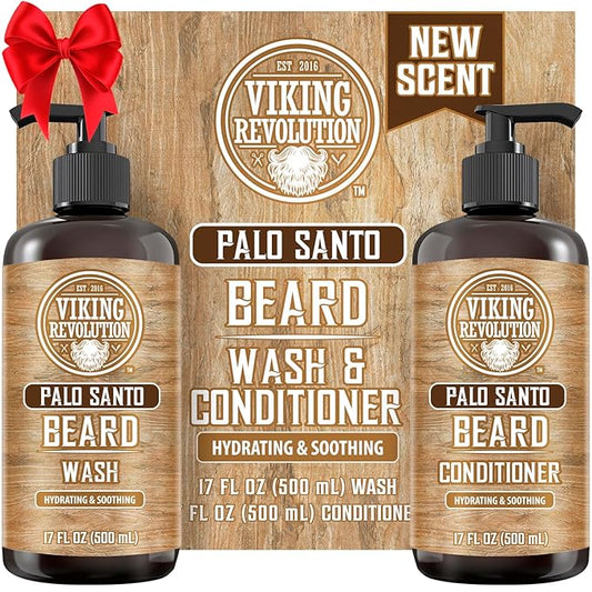 Viking Revolution Palo Santo Beard Wash and Beard Conditioner Set with Argan and Jojoba Oils - Softens and Strengthens - Natural Palo Santo Scent - Beard Shampoo with Ginseng Root Extract (17 oz)