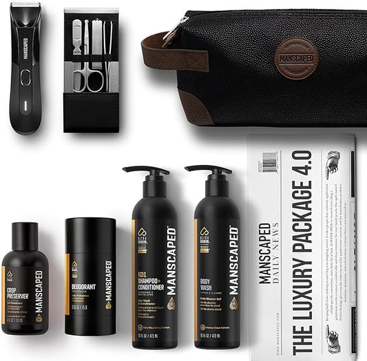 MANSCAPED® The Luxury Package 4.0 Includes: The Lawn Mower® 4.0 Electric Trimmer, The Shears 2.0 Nail Kit, Crop Preserver®, Deodorant, Body Wash, 2-in-1 Shampoo & Conditioner, The Shed Toiletry Bag