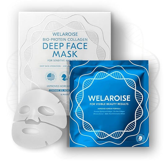 Welaroise Bio Protein Collagen Hydrogel Deep Face Mask +35% More Collagen, Intense Hydration & Moisturization, Firming, Anti-Aging, Skin Renewal, Korean Skincare (Pack of 16)