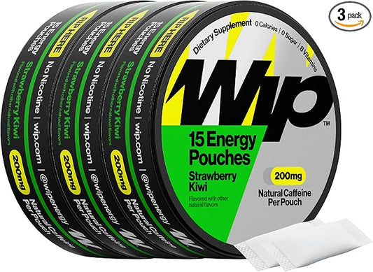 Wip Energy Pouches | 200mg Natural Caffeine | Vitamins and Minerals | Strawberry Kiwi | 15 Pouches Per Can | 3 Cans