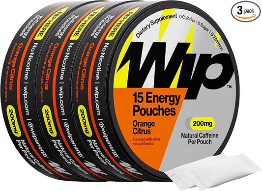 Wip Energy Pouches | 200mg Natural Caffeine | Vitamins and Minerals | Orange Citrus | 15 Pouches Per Can | 3 Cans