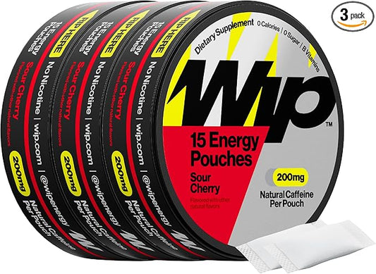 Wip Energy Pouches | 200mg Natural Caffeine | Vitamins and Minerals | Sour Cherry | 15 Pouches Per Can | 3 Cans